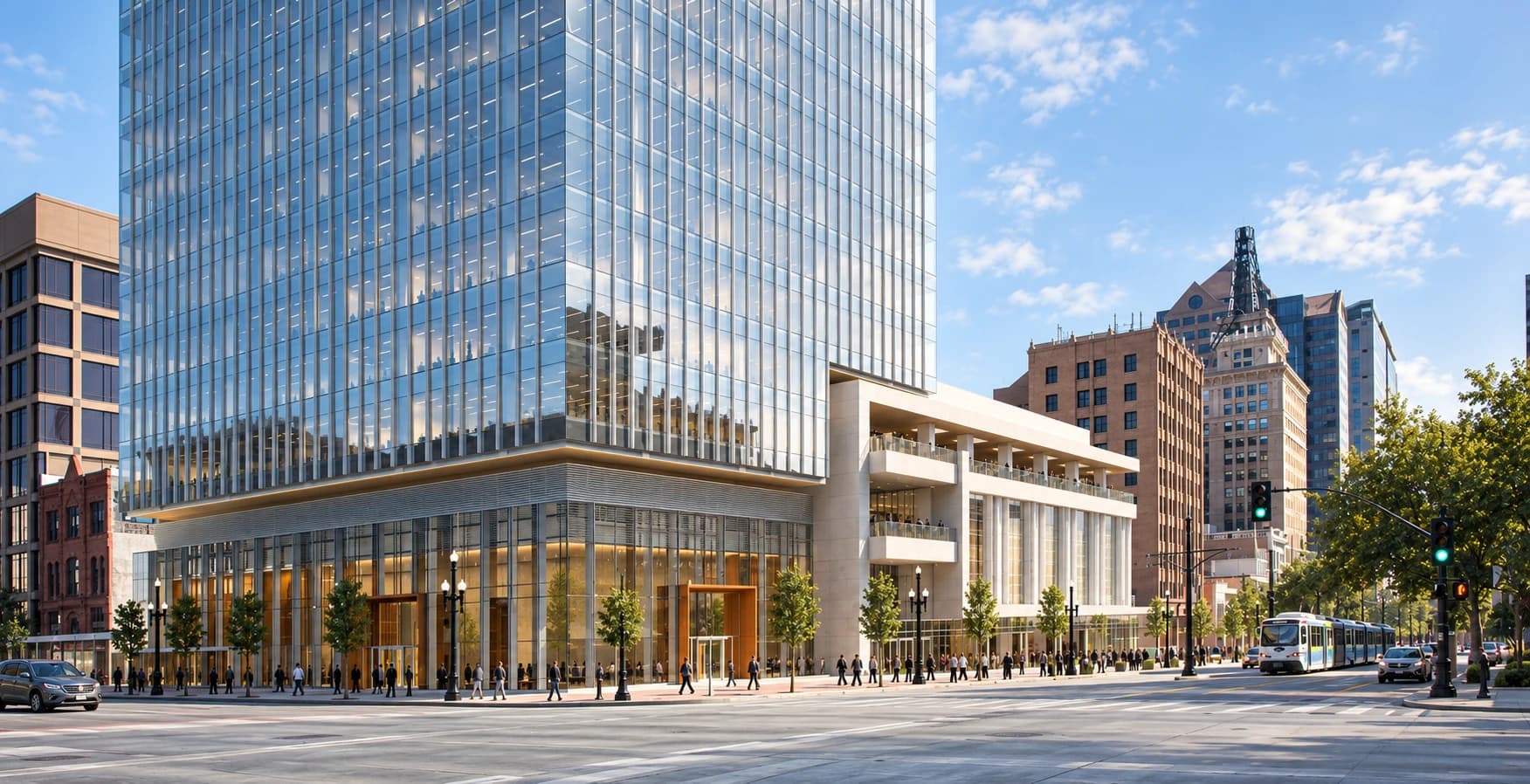 Portfolio visualization of 111 Main and the adjacent theater volume, showing the tower’s relationship to the building below.