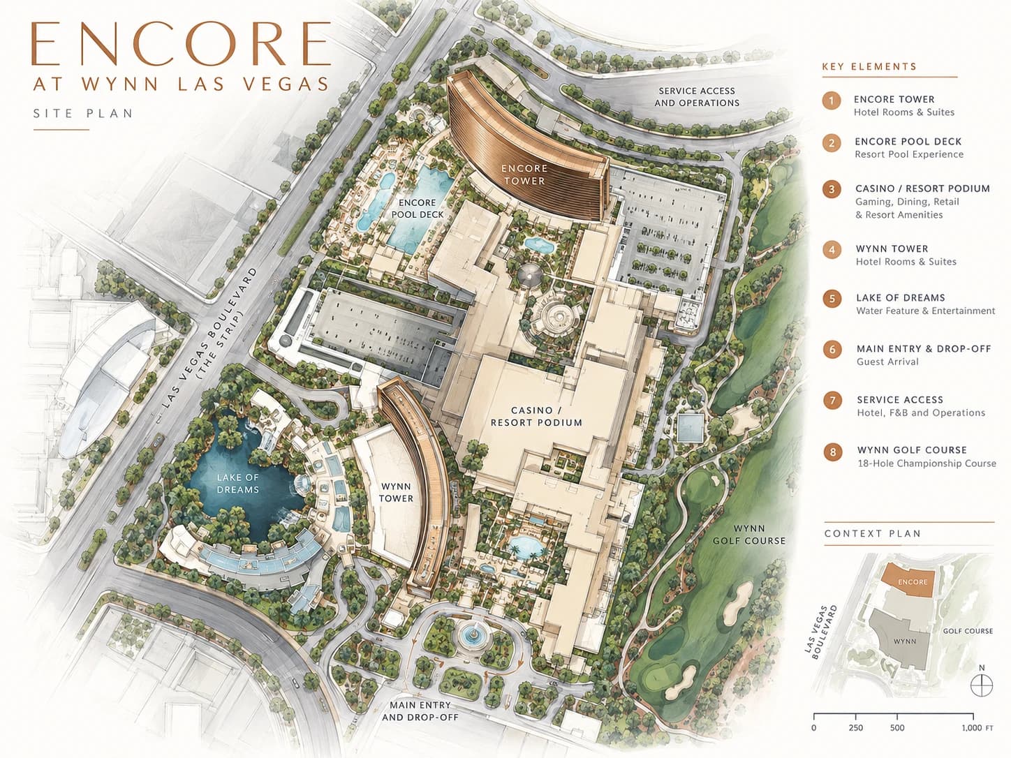 Architectural site-plan illustration showing Encore and Wynn Las Vegas within the overall resort complex.