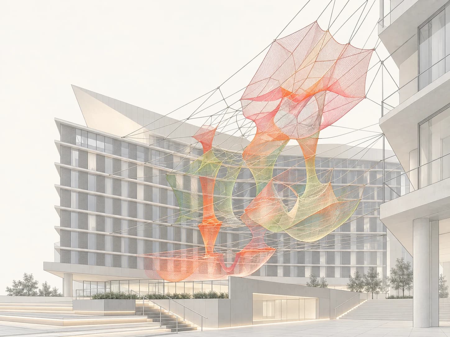 Light-toned courtyard illustration showing layered colored mesh and suspension cables connecting the sculpture to the surrounding buildings.