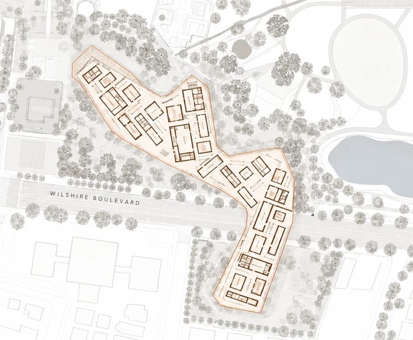 Central crop of the illustrative Exhibition Level plan showing the galleries crossing Wilshire Boulevard.