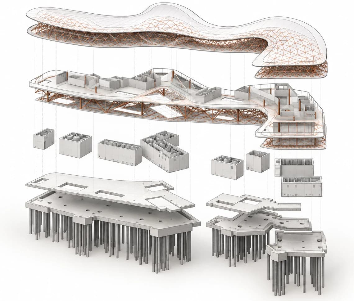 Central crop of an exploded portfolio axonometric showing roof, gallery, service, and foundation layers.