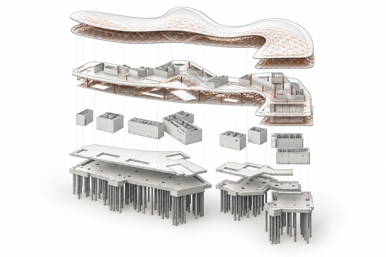 Exploded portfolio axonometric illustrating roof, gallery, service, and foundation layers of the David Geffen Galleries.