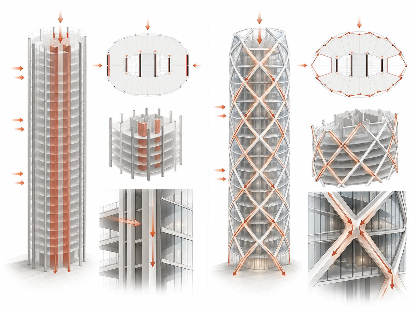Structural concept diagram comparing conventional tower framing with a diagrid, including plan diagrams, load paths, and node details.