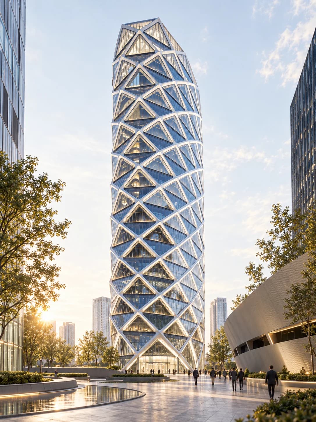 Portfolio visualization of Poly International Plaza in Beijing, showing the full tower and exterior diagrid.